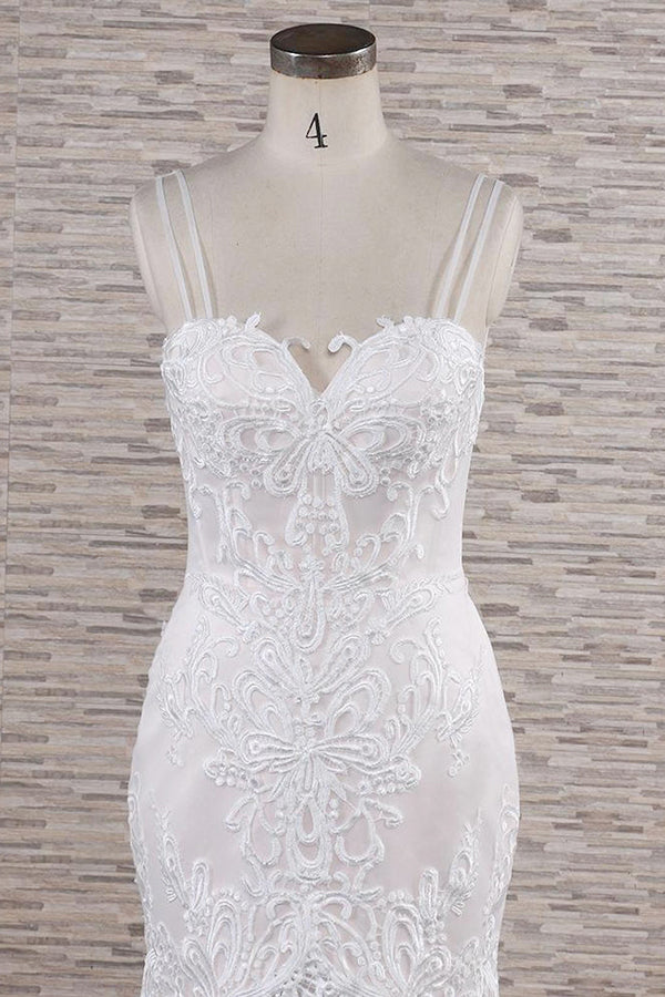Gorgeous Spaghetti Straps Mermaid Wedding Dresses With Appliques Ivory Sleeveless Bridal Gowns Online-27dress