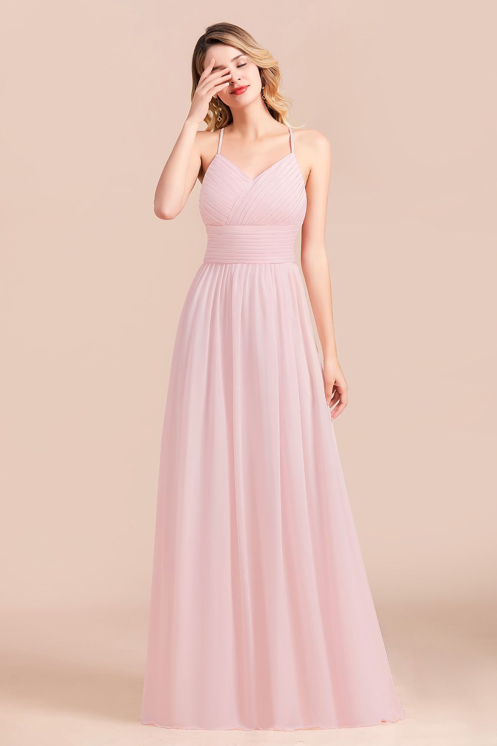 Gorgeous Spaghetti Straps Ruffle Pink Chiffon Bridesmaid Dress Affordable-27dress