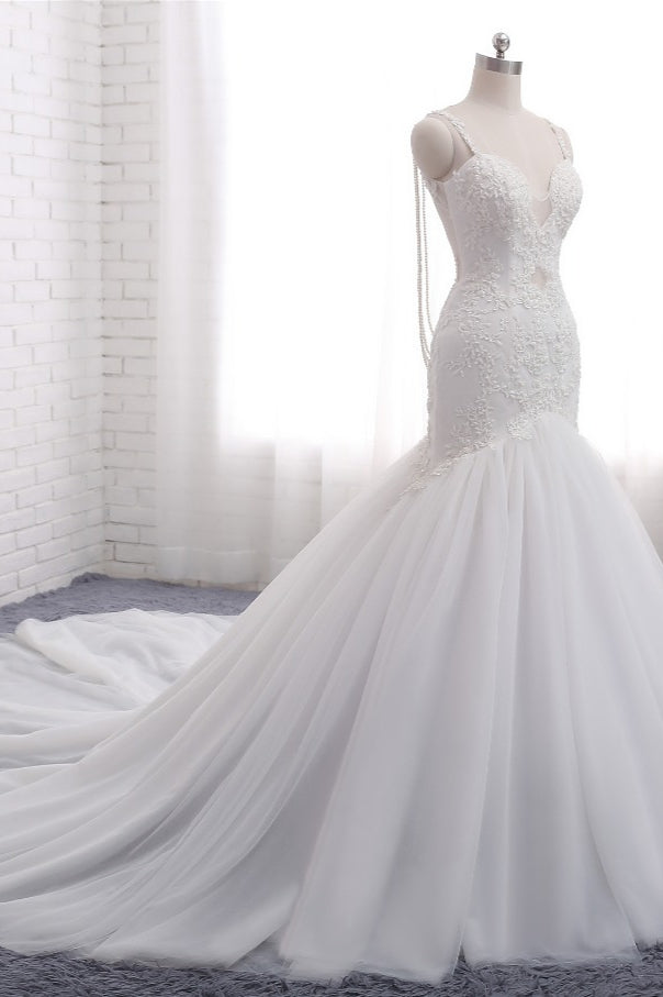 Gorgeous Spaghetti Straps V-Neck Mermaid Wedding Dress White Lace Appliques Sleeveless Bridal Gowns Online-27dress