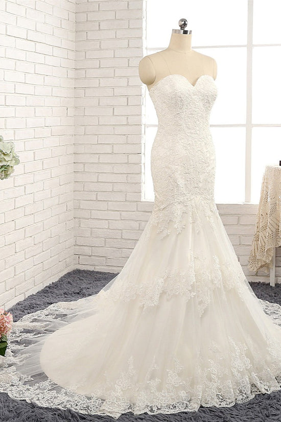 Load image into Gallery viewer, Gorgeous Strapless Sleeveless Lace Tulle Wedding Dress Sweetheart Appliques Mermaid Bridal Gowns Online-27dress
