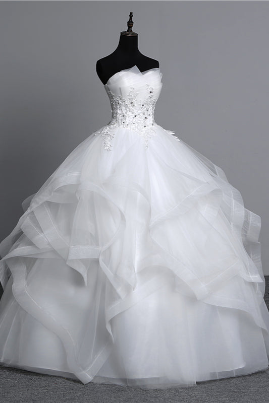 Gorgeous Strapless Tulle Layers Wedding Dress Appliques Beadings Bridal Gowns Online-27dress