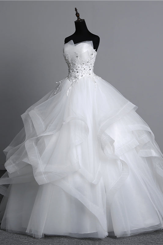 Gorgeous Strapless Tulle Layers Wedding Dress Appliques Beadings Bridal Gowns Online-27dress