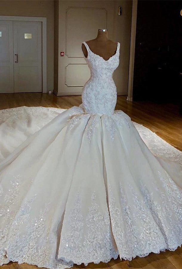 Load image into Gallery viewer, Gorgeous Straps White Mermaid Wedding Dresses Satin Ruffles Bridal Gowns With Appliques Online-27dress
