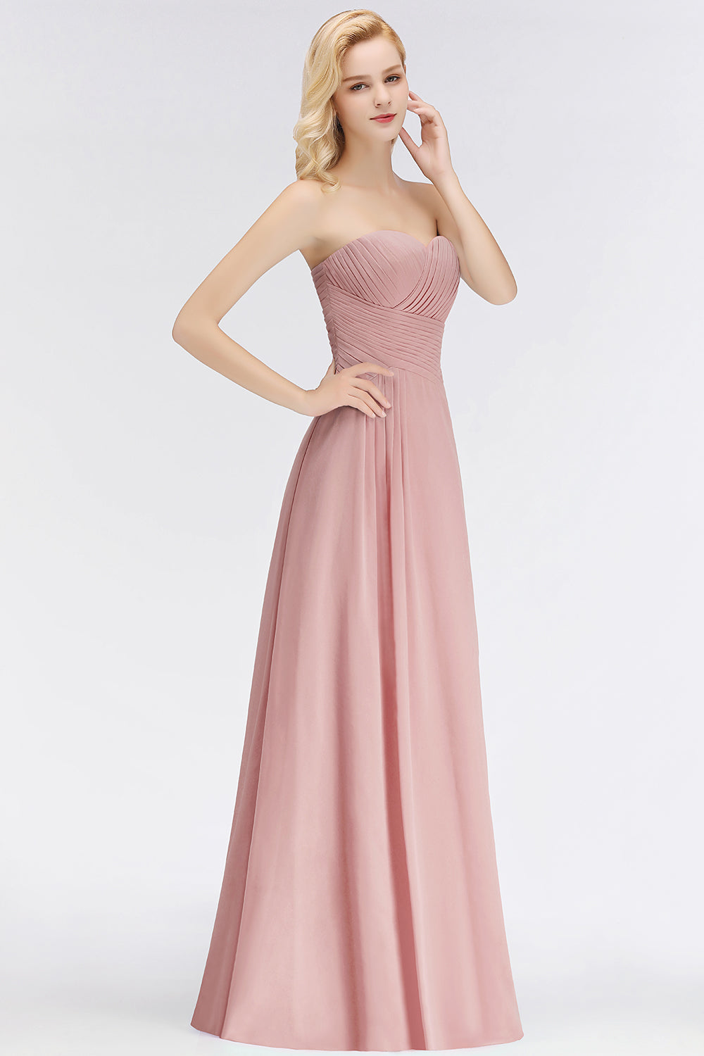 Gorgeous Sweetheart Ruched Long Bridesmaid Dress Dusty Rose Chiffon Strapless Maid of Honor Dress-27dress