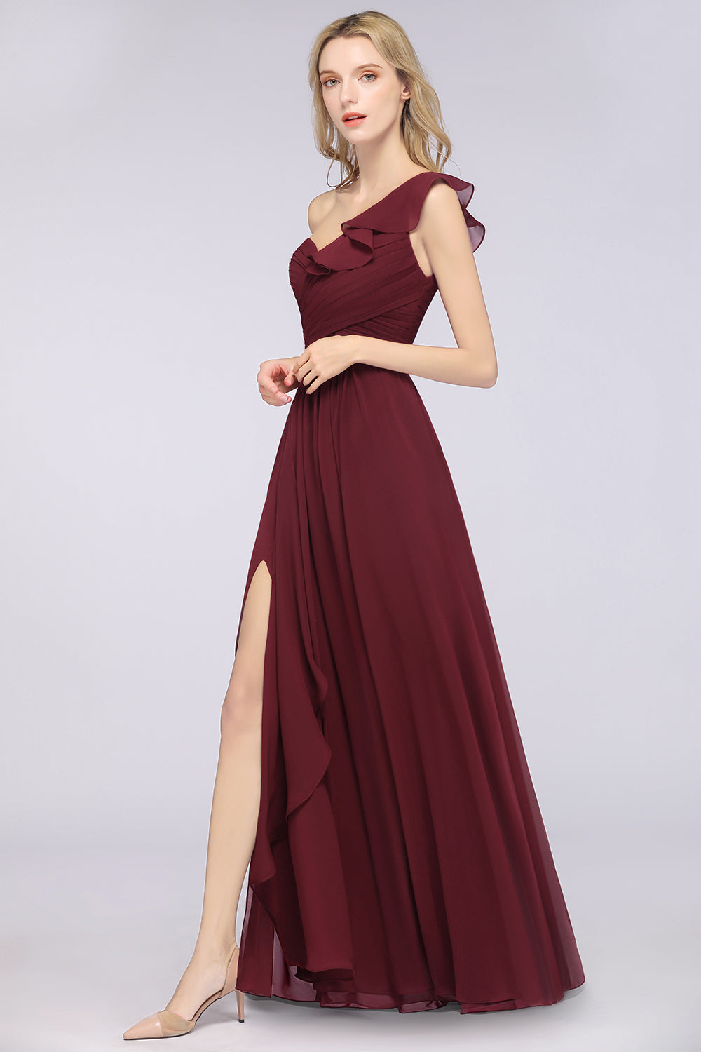 Gorgeous Sweetheart Ruffle Burgundy Chiffon Bridesmaid Dress With One- 27dress Gorgeous Sweetheart Ruffle Burgundy Chiffon Bridesmaid Dress With One- 27dress