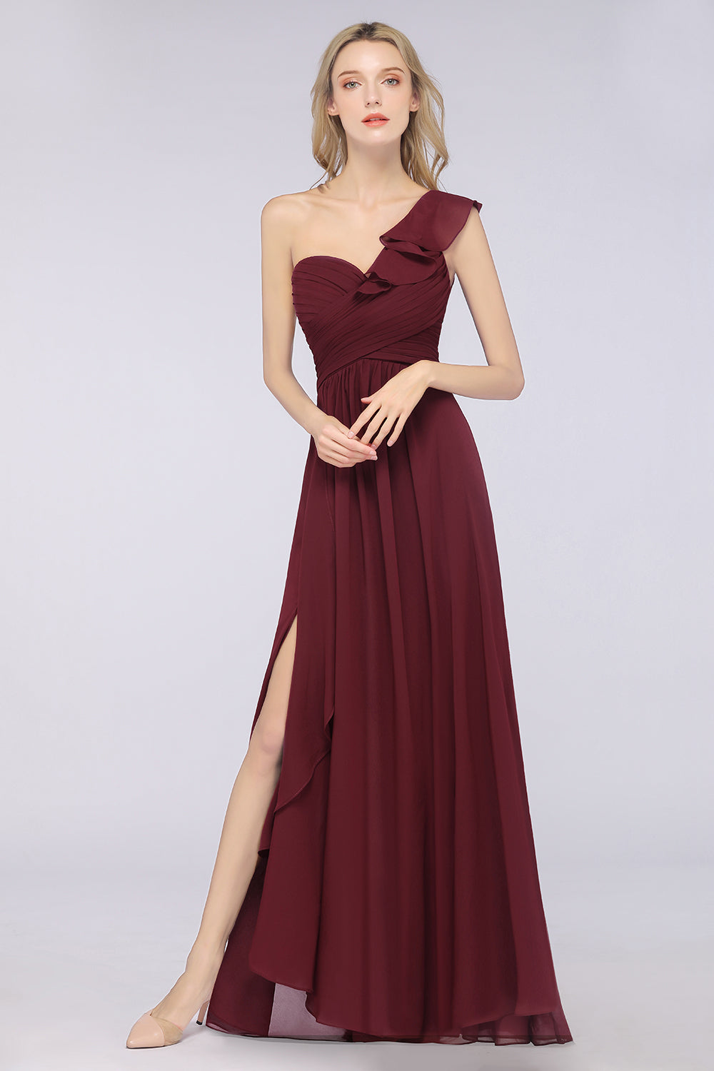 Gorgeous Sweetheart Ruffle Burgundy Chiffon Bridesmaid Dress With One- 27dress Gorgeous Sweetheart Ruffle Burgundy Chiffon Bridesmaid Dress With One- 27dress