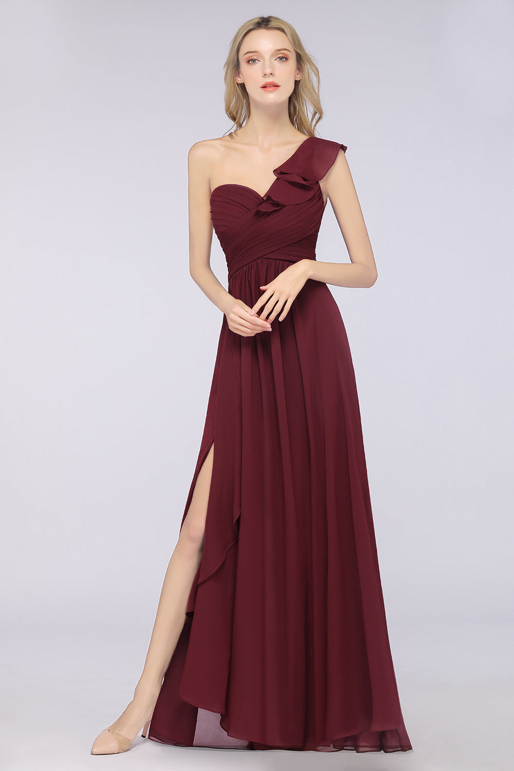 Gorgeous Sweetheart Ruffle Burgundy Chiffon Bridesmaid Dress With One-shoulder-27dress