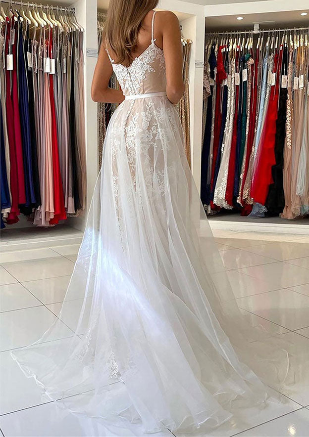 Load image into Gallery viewer, Gorgeous Trumpet/Mermaid Lace Tulle Prom Dress With Spaghetti Straps and Waistband-27dress

