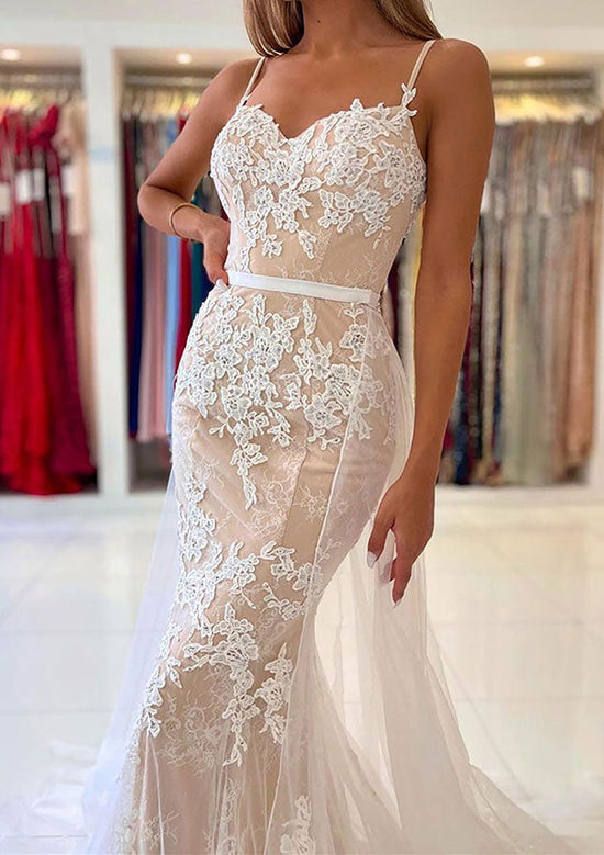 Load image into Gallery viewer, Gorgeous Trumpet/Mermaid Lace Tulle Prom Dress With Spaghetti Straps and Waistband-27dress
