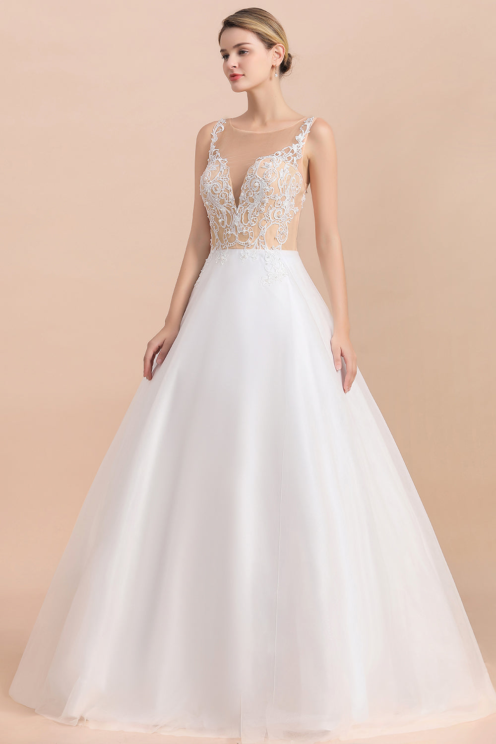 Gorgeous Tulle Lace V-Neck Sleeveless Wedding Dress Online-27dress