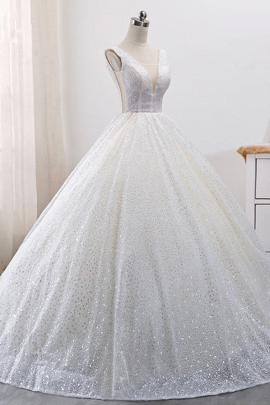 Load image into Gallery viewer, Gorgeous Tulle V-Neck Ball Gown Wedding Dress Sparkly Sequined Sleeveless Bridal Gowns On Sale-27dress
