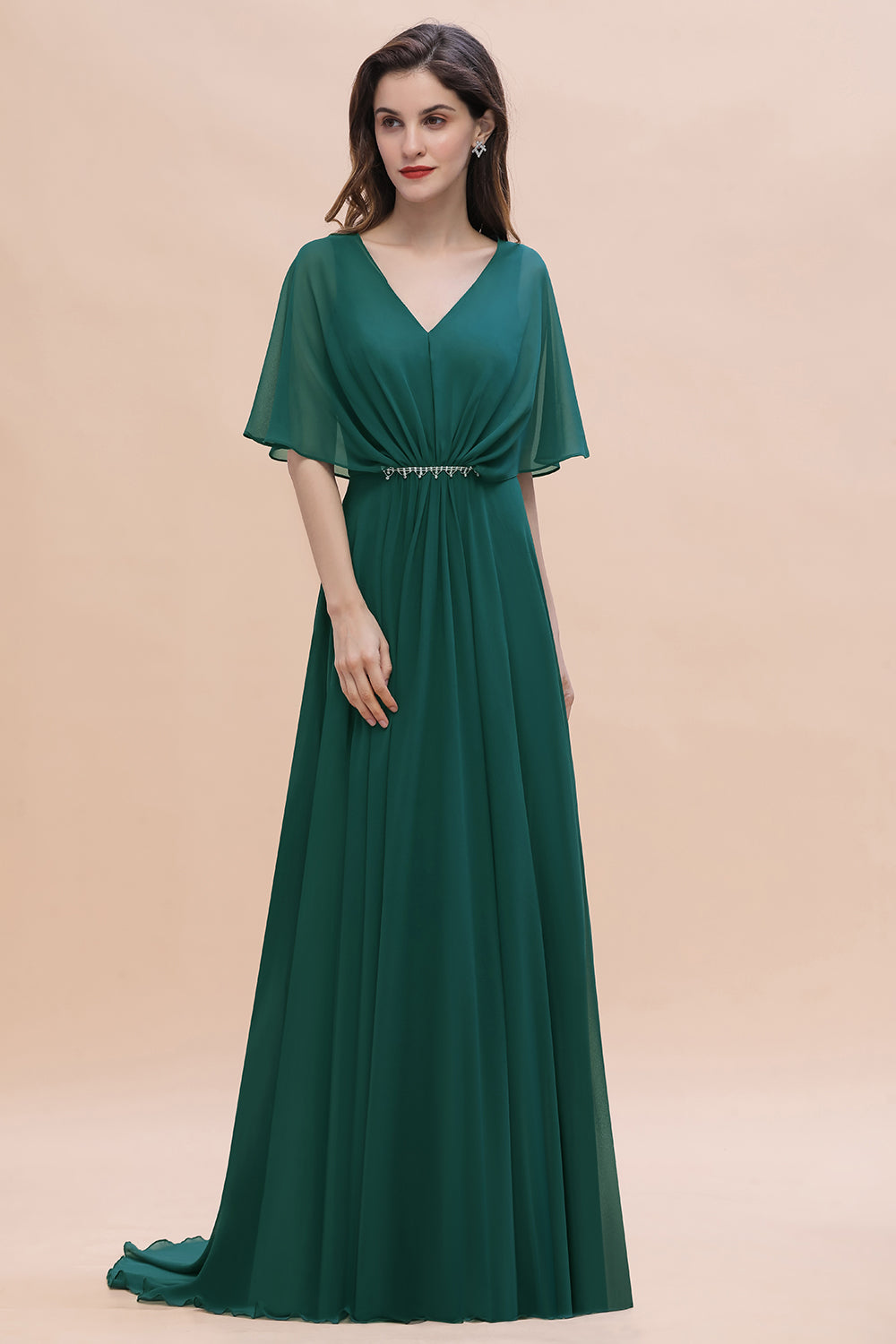 Load image into Gallery viewer, Gorgeous V-Neck Chiffon Ruffles Beading Bridesmaid Dress with Half Sleeves-27dress
