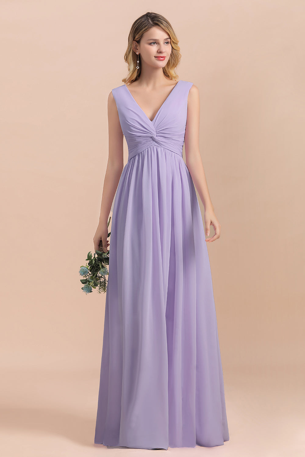 Load image into Gallery viewer, Gorgeous V-Neck Ruffle Lilac Chiffon Affordable Bridesmaid Dress with Ruffle-27dress
