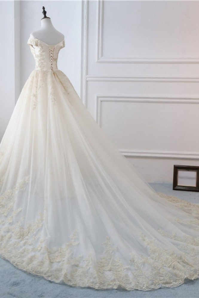 Gorgeous V-Neck Sleeveless Tulle Wedding Dress Champagne Appliques Bridal Gowns Online-27dress
