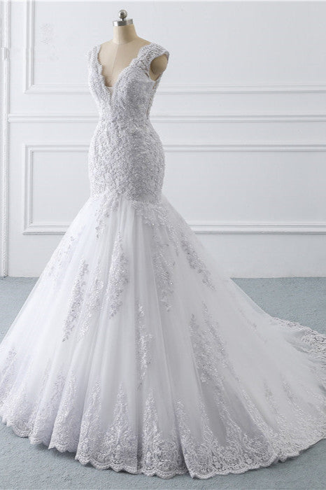Gorgeous V-Neck Tulle Lace Wedding Dress Sleeveless Mermaid Appliques Bridal Gowns On Sale-27dress