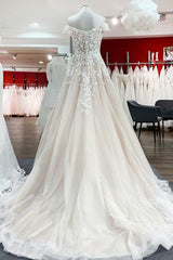 Graceful Off The Shoulder Tulle Lace Ruffles A-Line Wedding Dresses-27dress