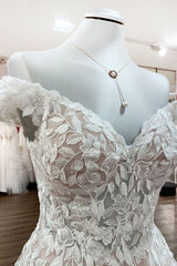 Graceful Off The Shoulder Tulle Lace Ruffles A-Line Wedding Dresses-27dress