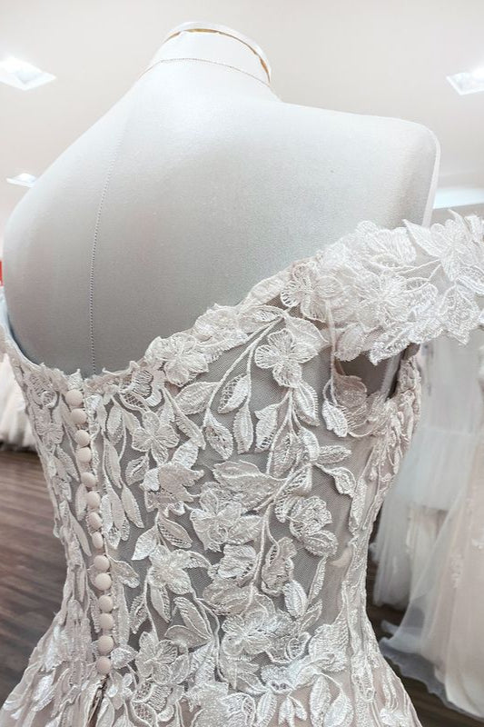 Graceful Off The Shoulder Tulle Lace Ruffles A-Line Wedding Dresses-27dress