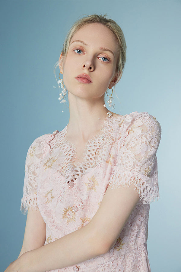 27Dress Graceful Short Sleeves A-line Lace Floral Dresses