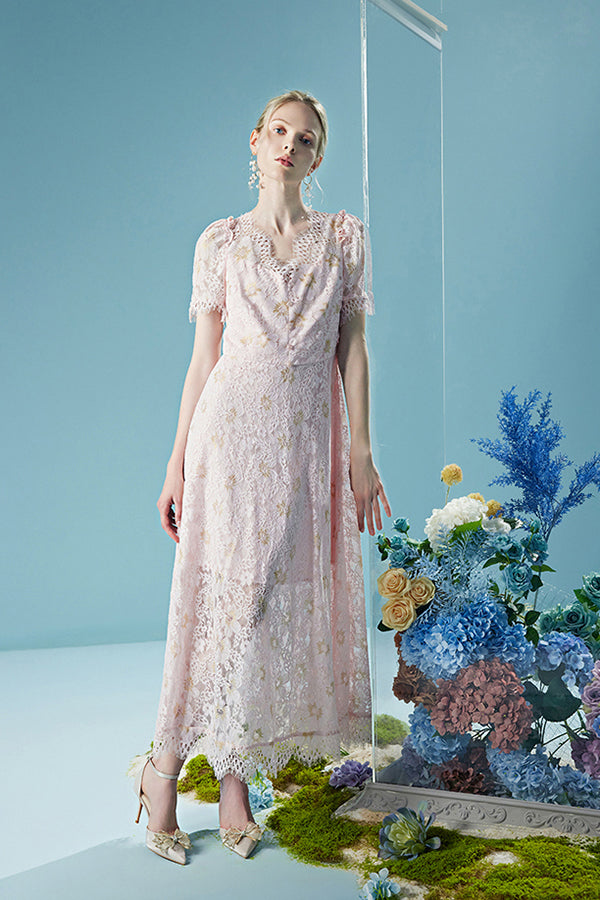 27Dress Graceful Short Sleeves A-line Lace Floral Dresses