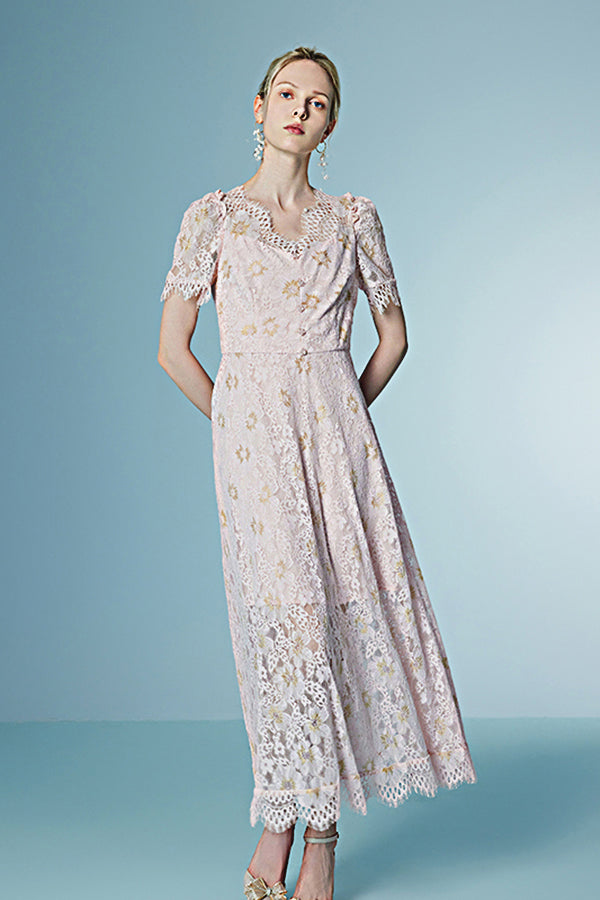 27Dress Graceful Short Sleeves A-line Lace Floral Dresses