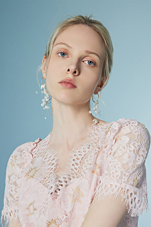 27Dress Graceful Short Sleeves A-line Lace Floral Dresses