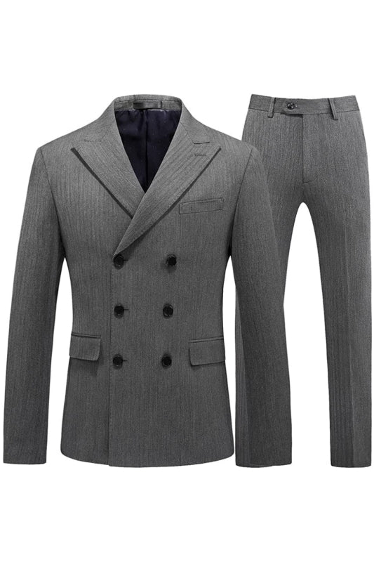 Gray Double Breasted Peaked Lapel Striped Men Suits For Business