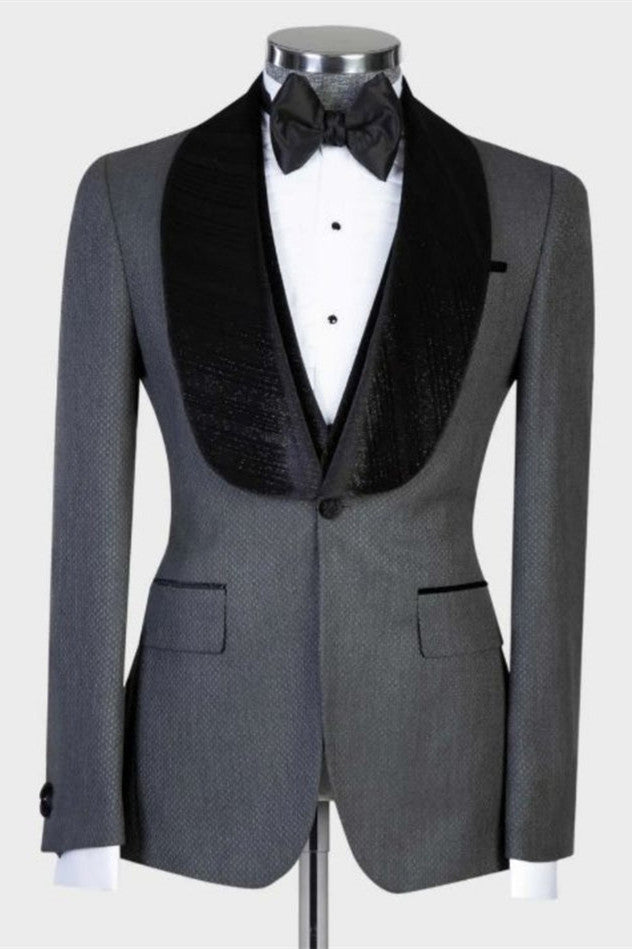 One Button Stylish Gray Wedding Suits With Black Shawl Lapel