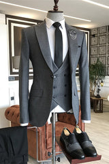 Peaked Lapel Fancy Three Pieces Gray Business Suits