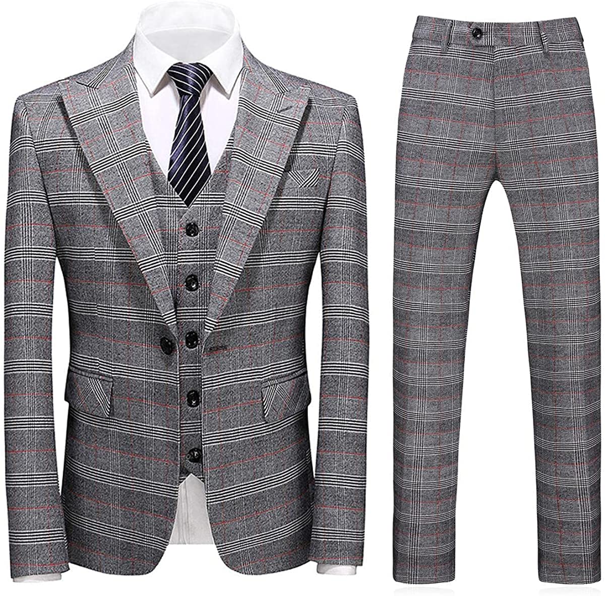 Gray Peaked Lapel Three Pieces Men Pom Suits