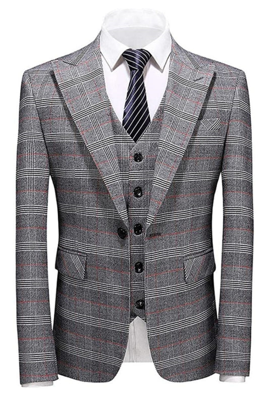 Gray Peaked Lapel Three Pieces Men Pom Suits