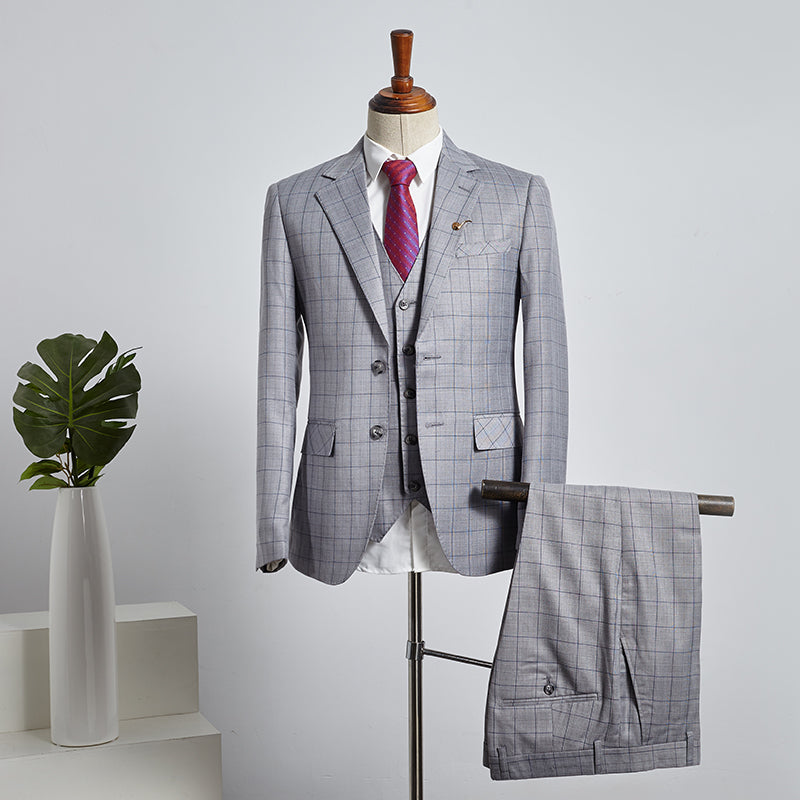 Gray Plaid 3 Pieces Slim Fit Tailored Business Suit