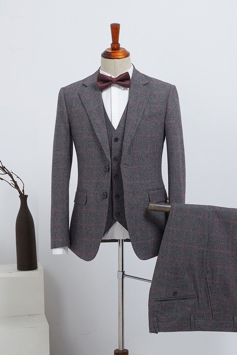 Gray Plaid Notched Lapel 2 Button Custom Suit For Business