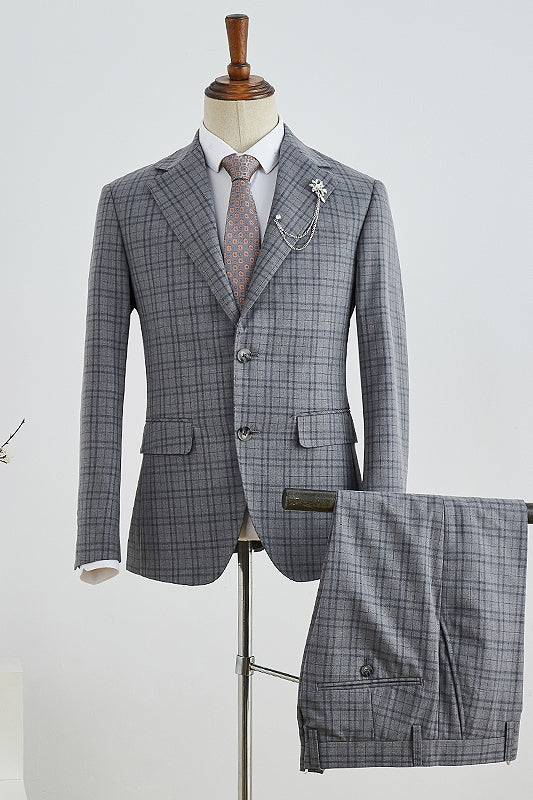 Plaid Notched Lapel Men Gray Prom Suits