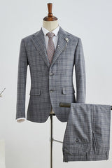 Plaid Notched Lapel Men Gray Prom Suits