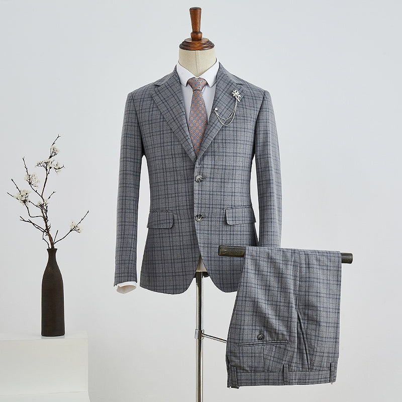 Gray Plaid Slim Fit Tailored Business Suit For Men
