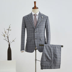Gray Plaid Slim Fit Tailored Business Suit For Men