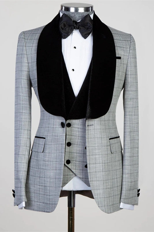 Gray Plaid Three Pieces Men Suits for Wedding