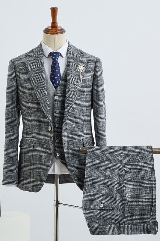 Gray Small Plaid Notched Lapel One Button Tailored Business Suit
