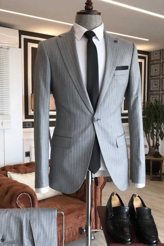 Striped Notched Lapel Two Pieces Newest Gray Business Suits
