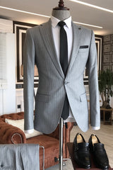 Striped Notched Lapel Two Pieces Newest Gray Business Suits
