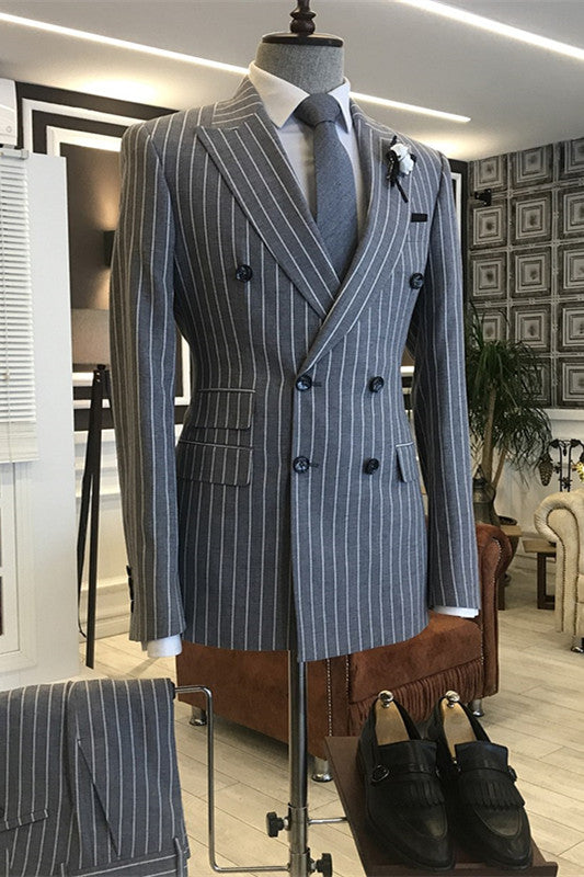 Striped Peaked Lapel Double Breasted Formal Gray Business Suits