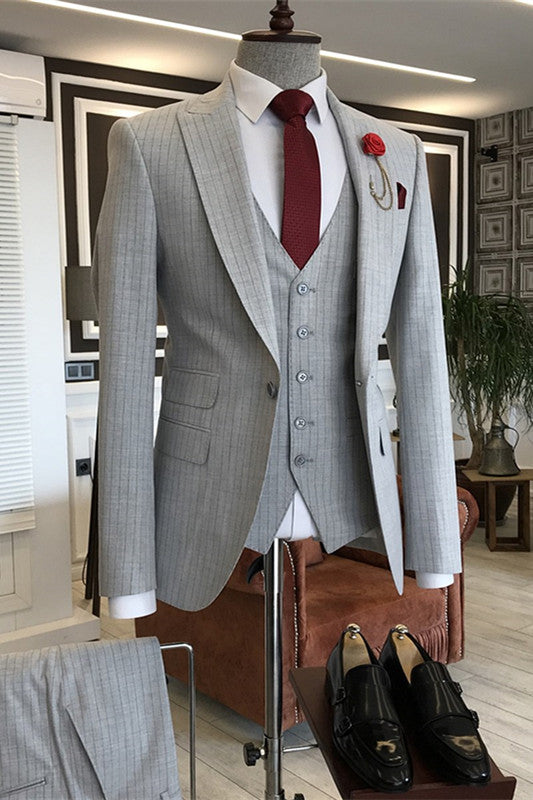 Gray Striped Peaked Lapel Three Pieces Close Fitting Men Suits For Business