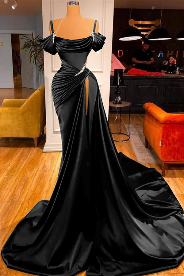 Green Chic Off the Shoulder Beadings Pleated Prom Dress Long With High Split