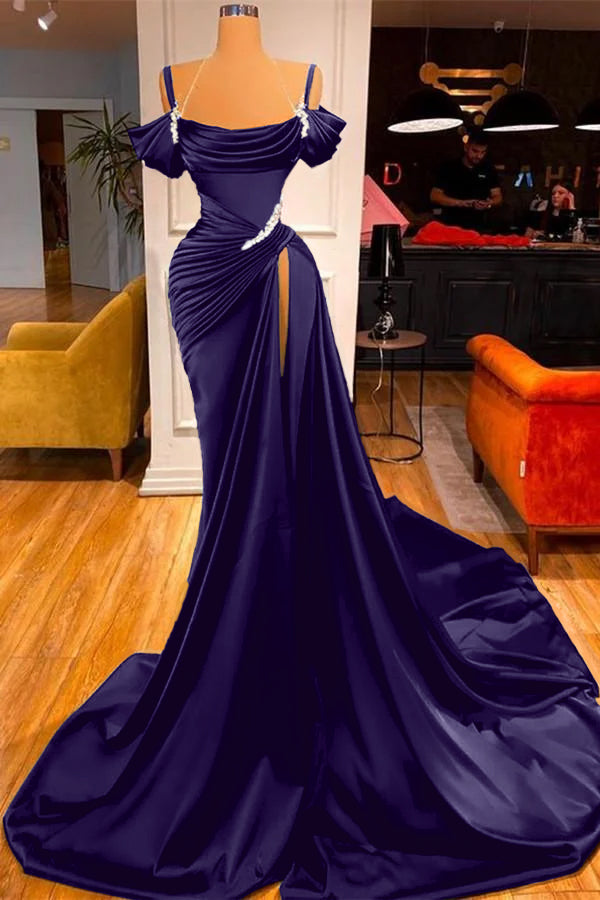 Green Chic Off the Shoulder Beadings Pleated Prom Dress Long With High Split