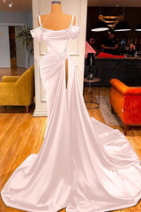 Green Chic Off the Shoulder Beadings Pleated Prom Dress Long With High Split