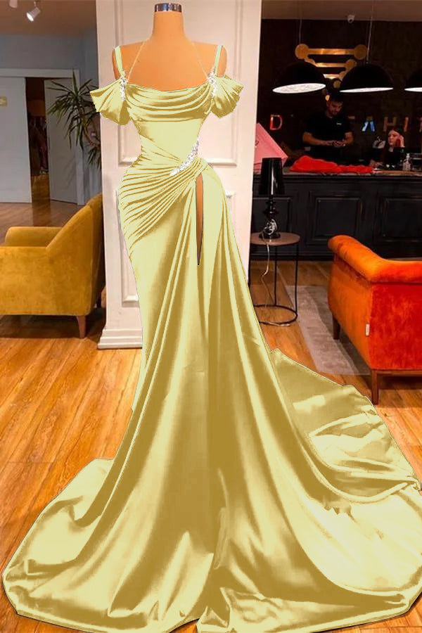 Green Chic Off the Shoulder Beadings Pleated Prom Dress Long With High Split