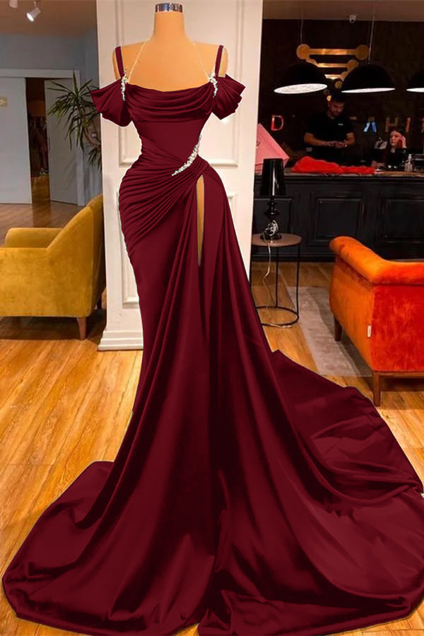 Green Chic Off the Shoulder Beadings Pleated Prom Dress Long With High Split