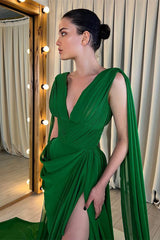 Green Deep V Neck Sleeveless Straps Prom Dress Split With Pleated