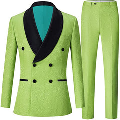 Double Breasted Jacquard Green Prom Suits With Black Velvet Shawl Lapel
